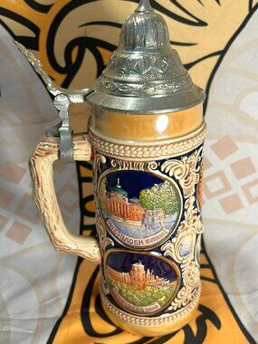 Vintage West German GERZ Lidded Beer Stein – German Cities Relief – Pewter Lid –